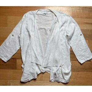 Tempo Paris White Linen Open Cardigan Women M Tab Sleeve Coastal Lagenlook Italy